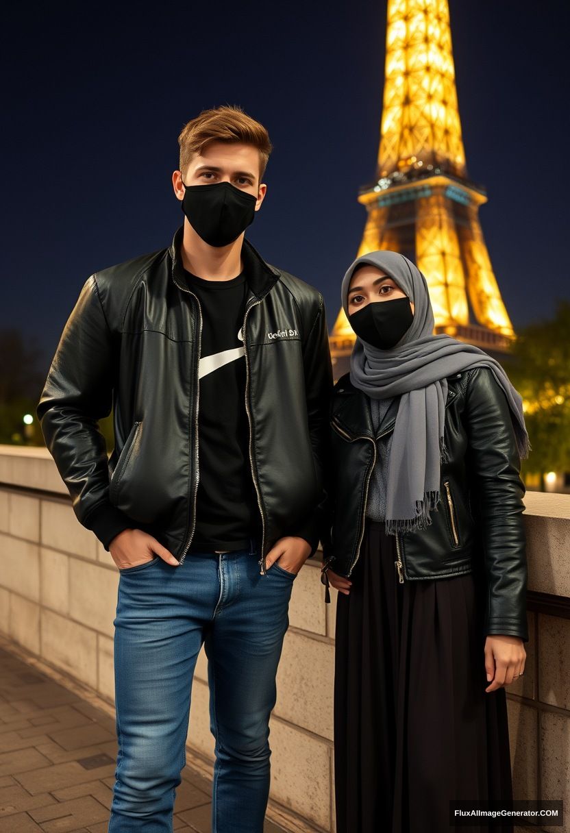 Jamie Dornan, youngest, black face mask, collage jacket, Nike t-shirt, jeans, tall man, fit body,

Dating, love with the biggest grey hijab Muslim girl, beautiful eyes, black face mask, leather jacket, biggest longest skirt, cute short girl,

standing by a wall, an Eiffel Tower, night scenery, hyper-realistic, photorealistic, street photography. - Image