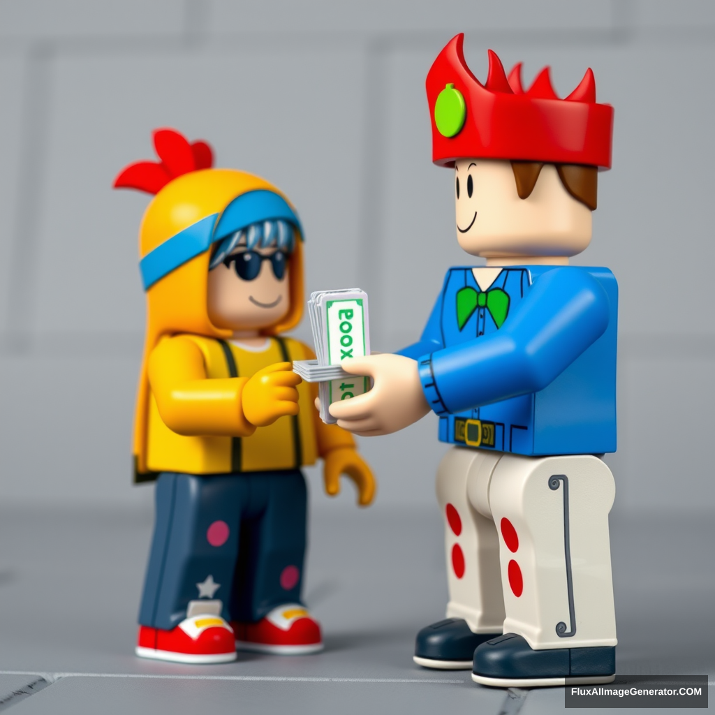 Please donate Roblox game Robux. Stand begging for Robux to another character and a character giving Robux money to the poor. Please give money. Please game Roblox background place. #detailed, #explained