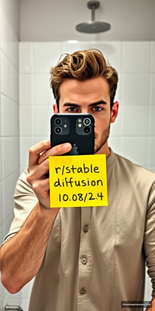 Man in a meticulously detailed bathroom, capturing a mirror selfie with the latest iPhone. He's holding a vibrant yellow post-it note displaying "r/stablediffusion" and "10/08/24". Hyper-realistic style with precise lighting, reflections, and textures. Verification-style composition, natural color palette. Subtle tension in expression, modern tech-savvy atmosphere.