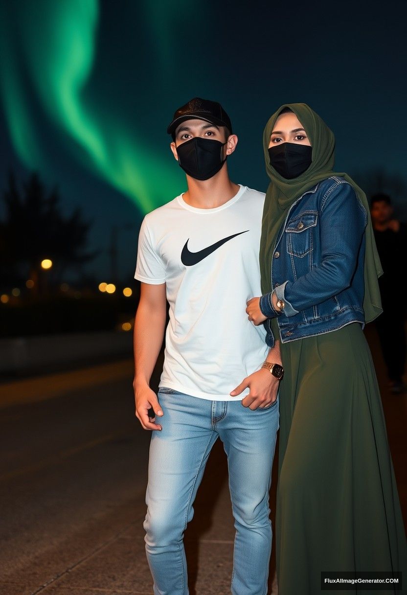 Jamie Dornan, handsome, leather cap, black face mask, white Nike t-shirt, jeans, sneakers, dating romantically with an army green hijab-wearing Muslim girl, beautiful eyes, black face mask, jeans jacket, very long skirt, not a tall girl, red sneakers, holding hands, photorealistic, street photography, full photography, selfie photos, night scenery, aurora. - Image