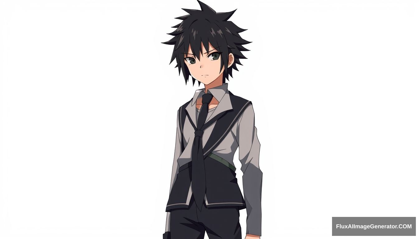 Heiden has black hair and black eyes. He has his father's facial features and also has his mother's light peach complexion rather than his father's light tan. In Part II, Heiden has messy, jet-black hair (dark blue in the anime) that contrasts with his pale skin and intense black eyes. Heiden wears a uniform that consists of a white shirt, a loose necktie, a black jacket, and black pants. Naruto character design, full body.