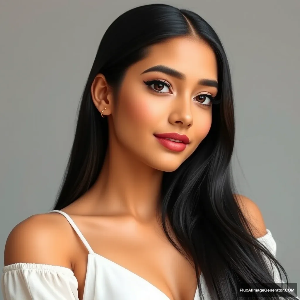 Create a 25-year-old Indian female AI influencer named Aanya with a well-maintained figure of 36-28-36. She has a Korean milky white complexion, high cheekbones, slightly large almond-shaped deep brown eyes with long, thick eyelashes, well-defined, slightly arched eyebrows, a perfectly proportioned nose, and soft, well-defined lips with a natural deep pinkish color. Aanya's long, thick, lustrous black hair complements her elegant. - Image