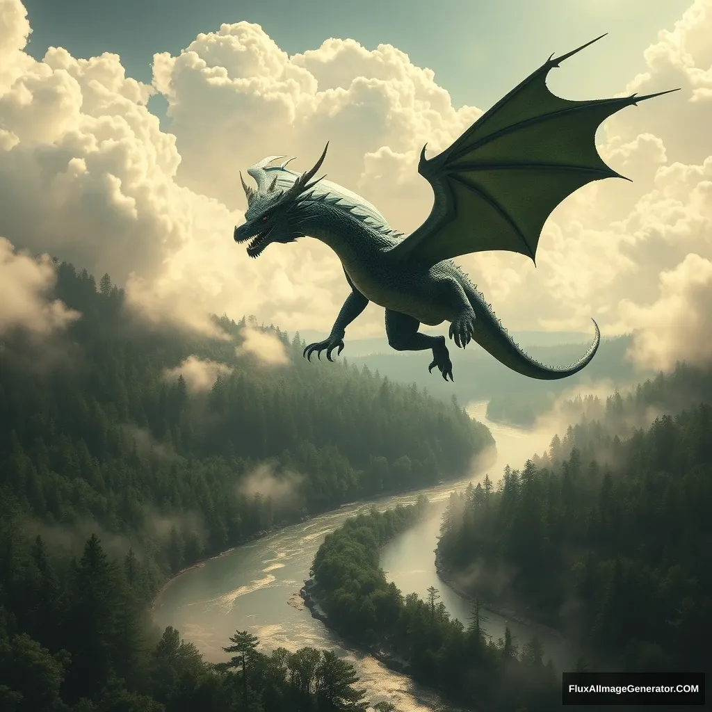 /imagine prompt: A western dragon soaring above a flowing river, its dark green scales and sharp claws visible, dramatic pose, viewed from the ground looking up. The river winds through a dense forest, with sunlight glinting off the water's surface and mist rising from the riverbank. The sky is filled with billowing clouds, creating a sense of movement and grandeur, hd quality, natural look --ar 16:9 --v 6.0