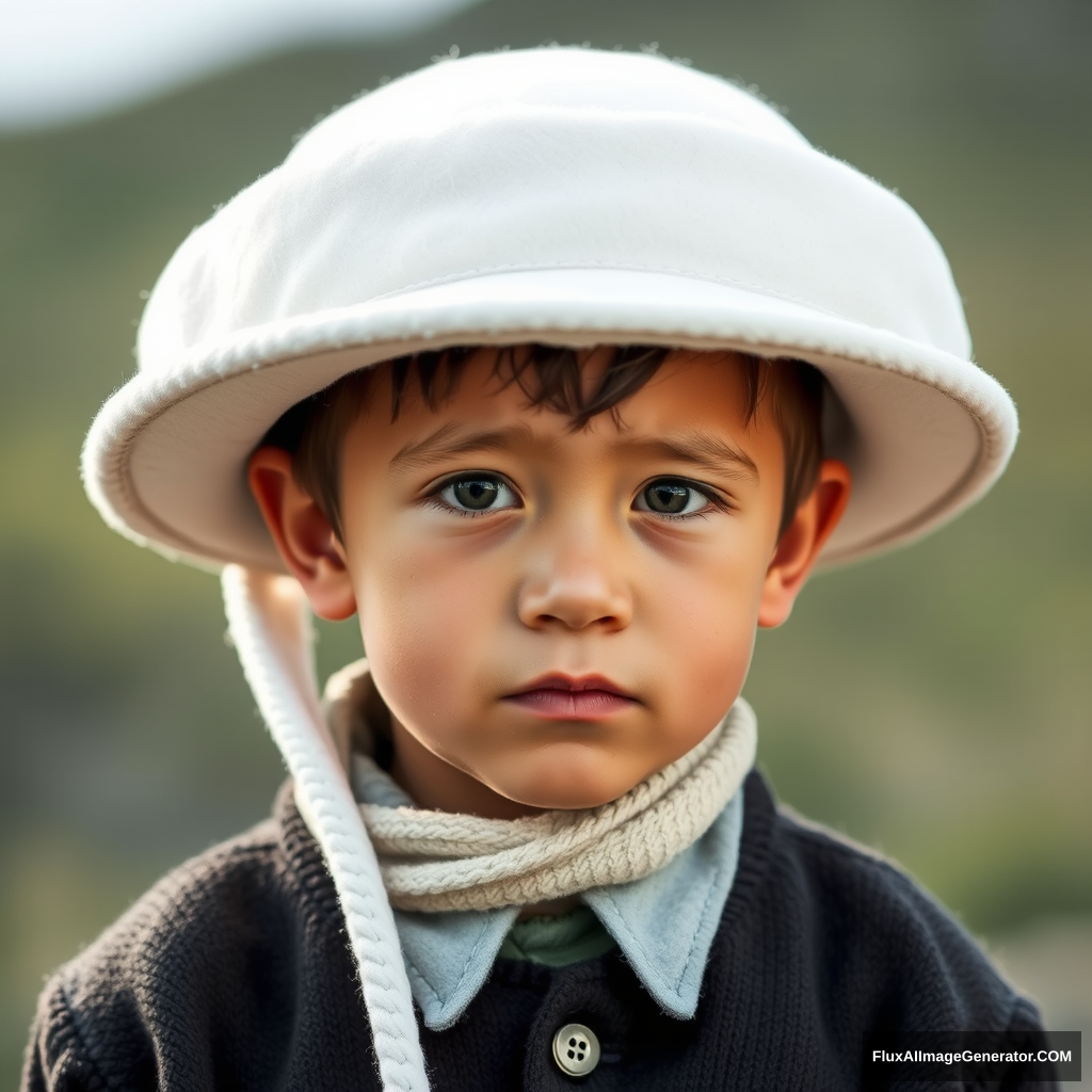 A Kyrgyz boy wearing a white felt hat.