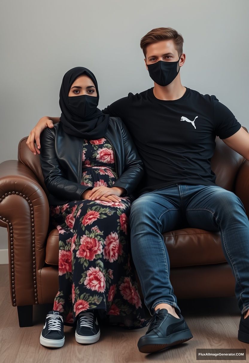 A biggest black hijab girl, slim girl, beautiful eyes, face mask black, black leather jacket, biggest floral long dress, black leather sneaker, sitting on leather single wing sofa, Jamie Dornan, youngest, puma black T-shirt, jeans, black leather sneaker, tall man, face mask black, fit body, sitting near her, hyper realistic, studio photography. - Image