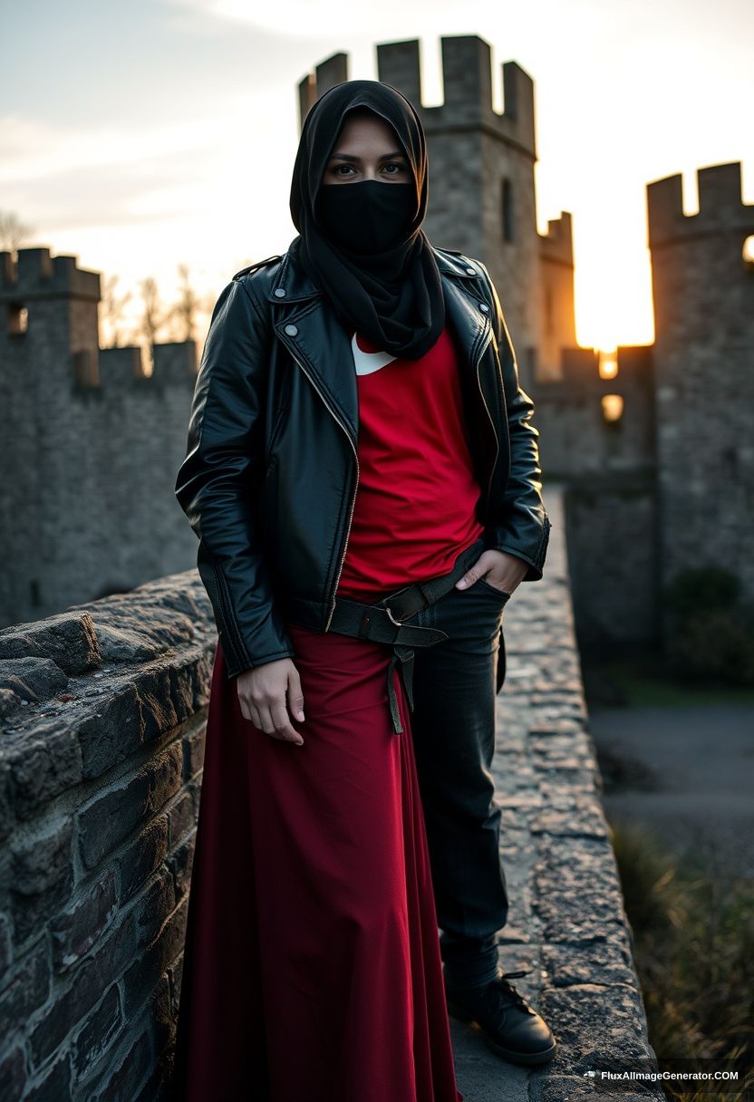 A biggest black hijab girl, beautiful eyes, face mask black, black leather jacket, biggest red longest dress, untall,

Jamie Dornan, handsome, face mask black, fit and tough body, Nike red t-shirt, black leather jacket, jeans, tall man, standing at wall together

Hyper realistic, photorealistic, studio photography, Victoria's abandoned castle, sunrise. - Image