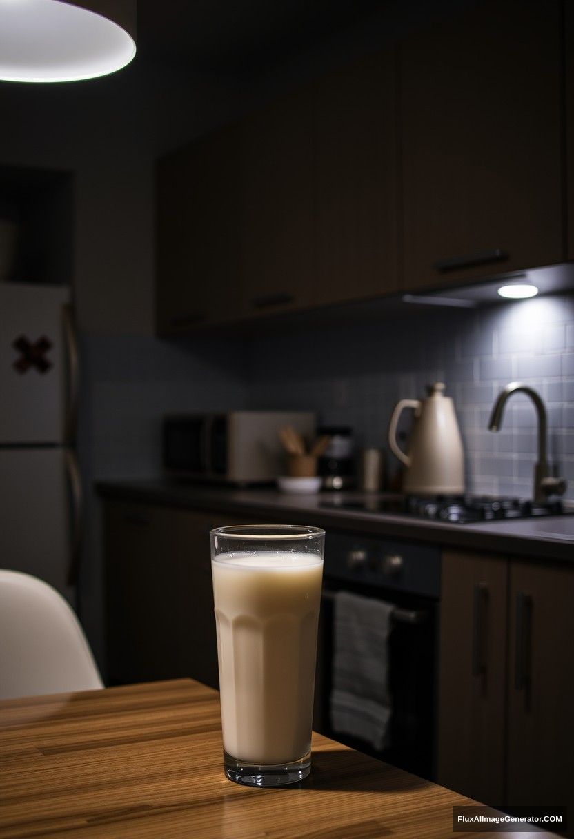 At a modern kitchen, at midnight, gloomy lighting, fresh milk in a glass on a table. - Image