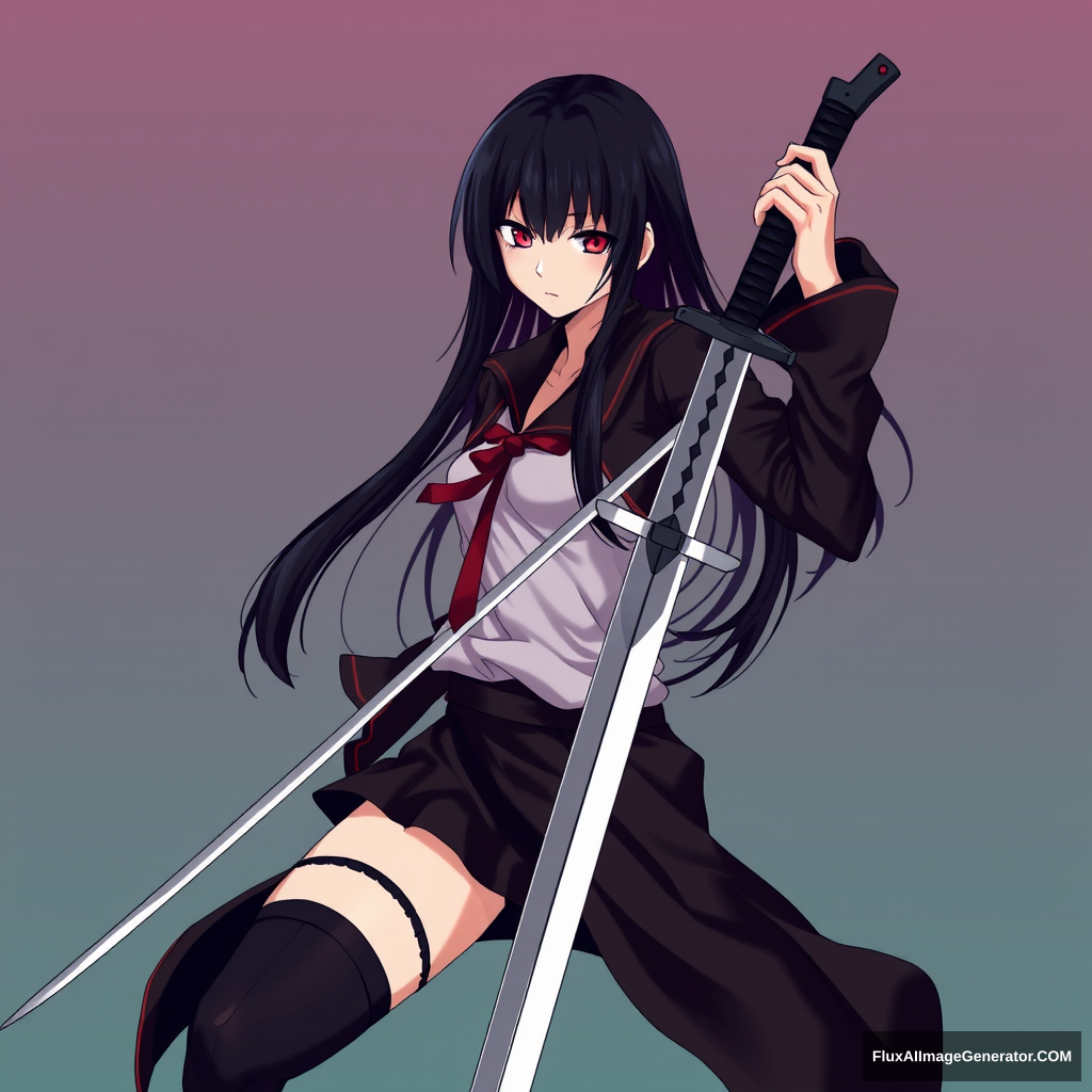 Anime style is important. Seinen style anime. Should look like an assassin with a gradient background. Holding one sharp sword. Black hair, red eyes. And should be a full body drawing. Should include legs. Hold sword straight out. Girl. Single side sword. Correct hand anatomy.