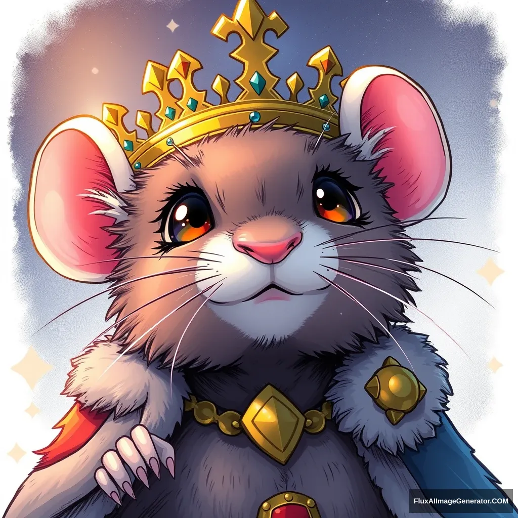 By Kamome Shirahama, fantasy cute anthropomorphic rat king in crown, kids manga, chrono trigger style, cute details, anime, cute fantasy, kawaii, contrasting colors, pretty colors, dramatic lighting, portrait, intricate details, manga panel.