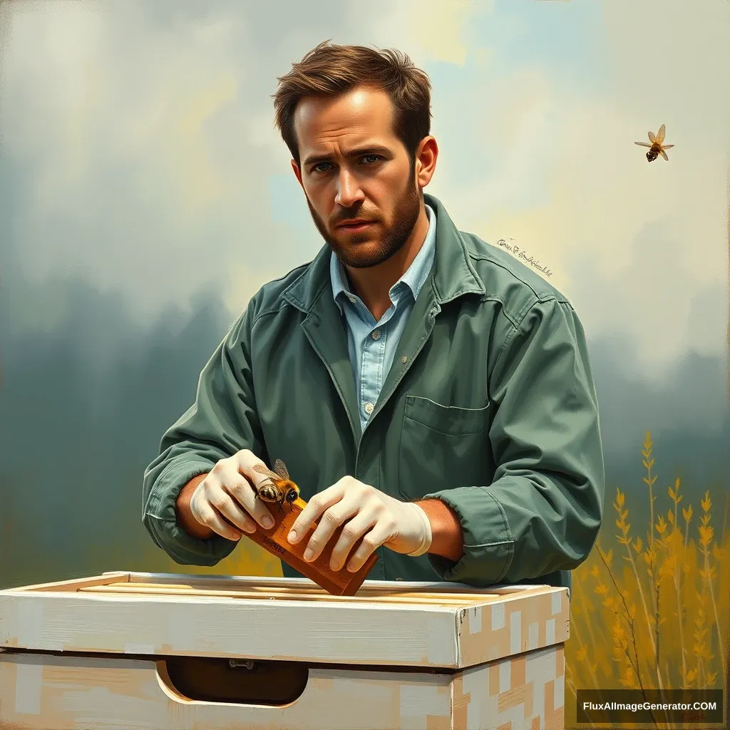 I want a painting of Ryan Reynolds being portrayed by John Oliver in a movie about beekeeping.