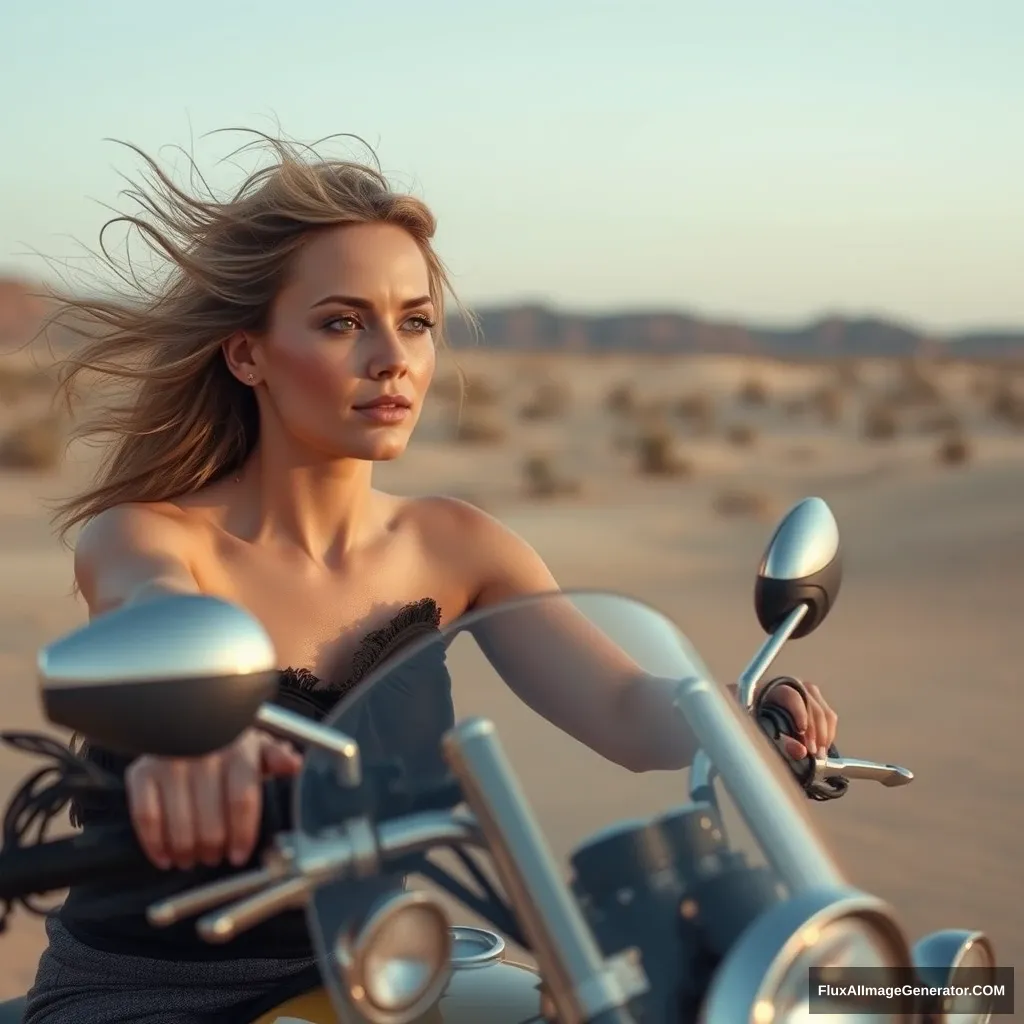 In the desert, someone is riding a motorcycle, and her skin is very fair.