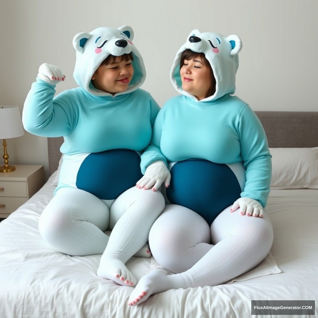 A chubby couple of realistic cartoon polar bear costumes, wearing turquoise navy blue leotards and white ribbed pantyhose, sitting on the edge of a bed, full body pose sideways, hands holding each other's waists, noses touching, sleepy faces with tongues out, looking at each other. - Image