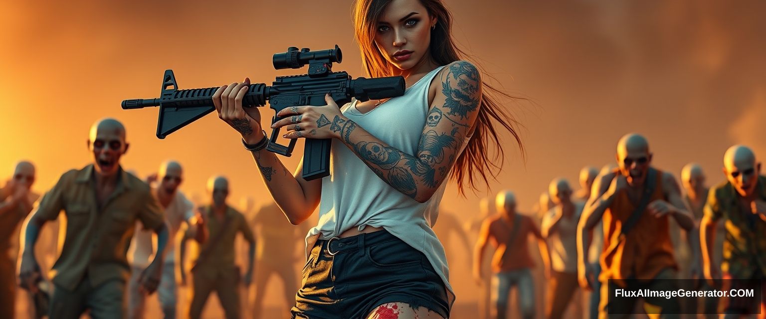 Portrait of a sexy woman in a white vest and black shorts, lots of gypsy style and skull pattern tattoos on arms, arm skin scratched, splattered blood on both arms and legs, holding an AR-15 rifle with both hands, aiming, surrounded by scary zombies in different clothes, golden hour lighting, ray tracing, global illumination, 4K.