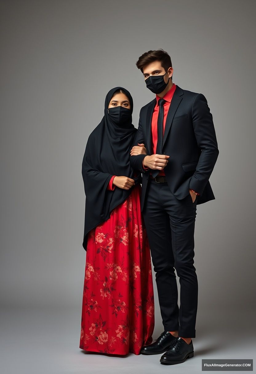 A biggest black hijab girl, beautiful eyes, face mask black, biggest red floral longest dress, not tall, standing, holding his arm

Jamie Dornan, youngest, black suit coat, red shirt, black tie, black leather sneakers, tall man, face mask black, fit tough body, standing near her, love couple

hyper realistic, studio photography, photorealistic