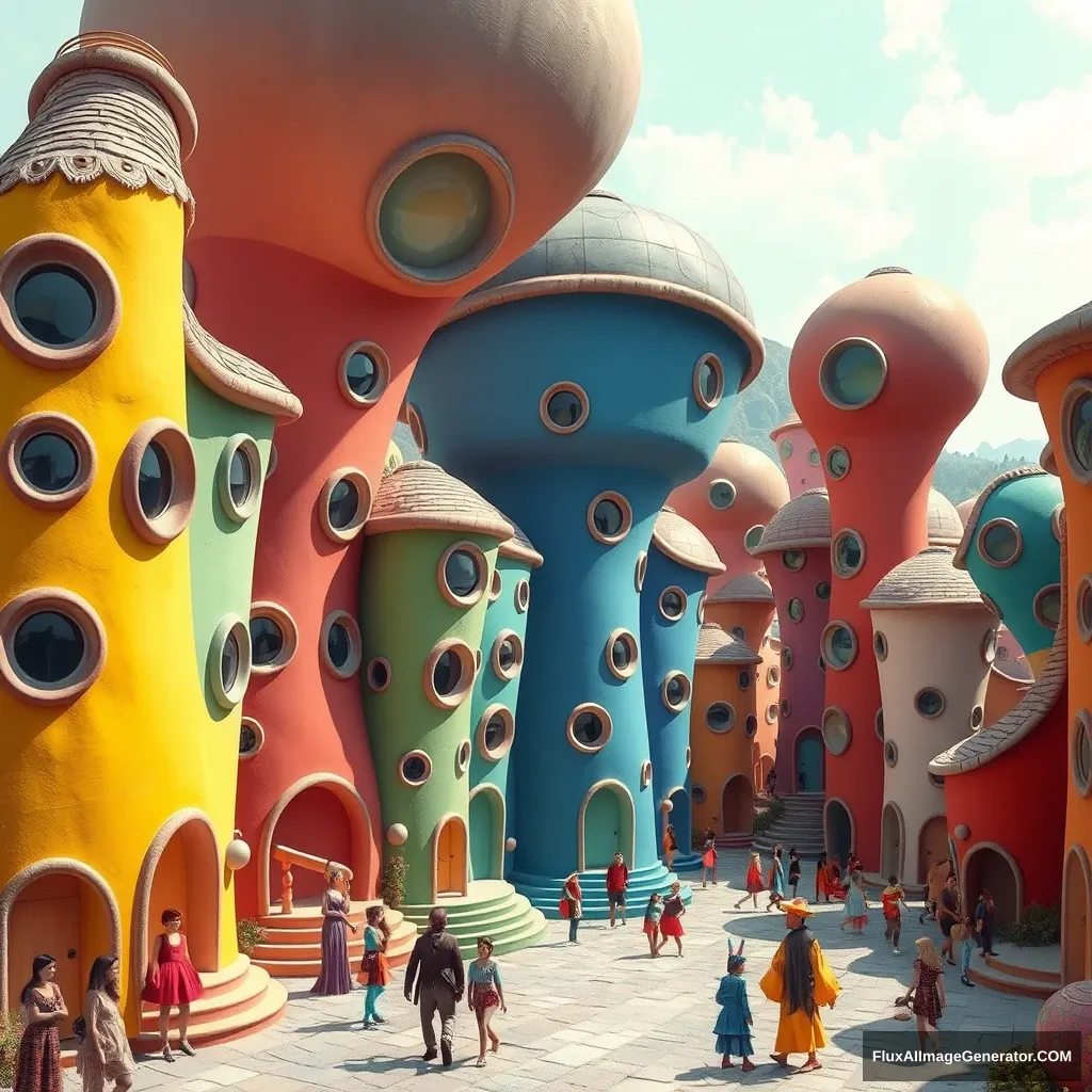 Futuristic town with morphic architecture inspired by Dr. Seuss, circular windows, each building is a different color. People are dressed in strange, colorful, otherworldly clothes. - Image