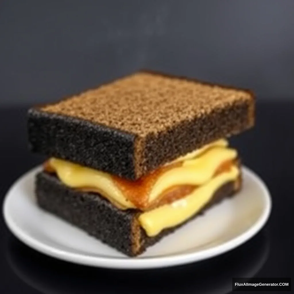 "Black gold sandwich, triangular shape, three layers of filling, the filling is butter, sharp angle, left side perspective." - Image