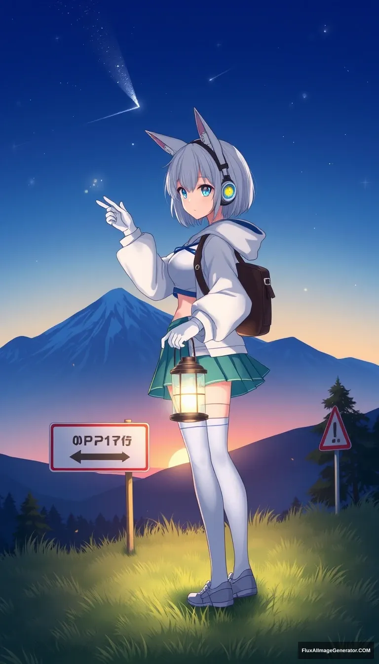 1 girl, breasts, short hair, blue eyes, skirt, long sleeves, gloves, thigh-highs, jacket, yellow eyes, white hair, shoes, puffy sleeves, midriff, white gloves, hood, crop top, blue skirt, fake animal ears, heterochromia, headphones, white jacket, puffy long sleeves, multicolored eyes, blue sky, blue theme, bus stop sign, dawn, facing away, gradient sky, grass, holding, holding lantern, lantern, meteor shower, mountain, nature, on grass, outdoors, plant, road sign, scenery, sign, sky, solo, standing, star (sky), tree, very wide shot, masterpiece, best quality.