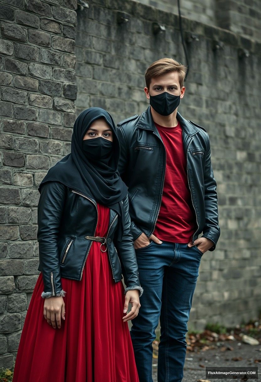 The biggest black hijab girl, beautiful eyes, black face mask, black leather jacket, the biggest red longest dress, not tall,

Jamie Dornan, handsome, black face mask, fit and tough body, red metal t-shirt, black leather jacket, jeans, tall man,

standing near the wall together, 
Hyper-realistic, photorealistic, street photography, Victoria's abandoned castle, gloomy. - Image