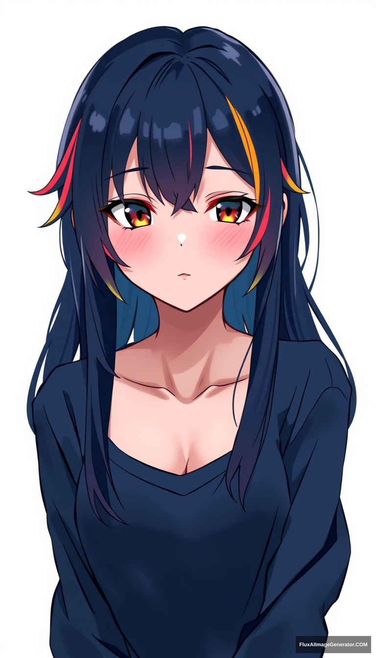 A teenage girl has captivated many with her striking appearance. Wearing a dark blue color with vibrant highlights, anime style is important. Chest-up drawing. Framed background. - Image