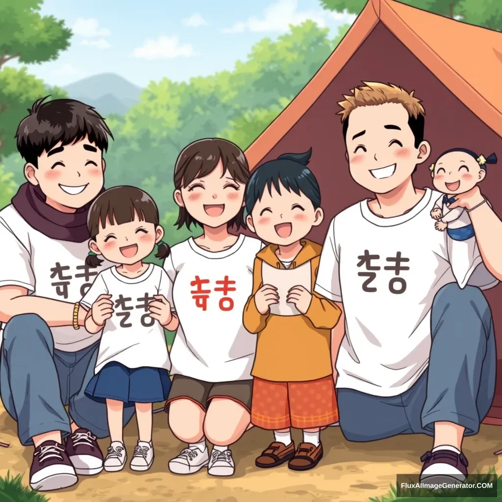 A happy scene of three families camping, wearing white T-shirts with “구판송” written in Hangul. The Gumi family has 4 members (1 dad, 1 mom, 2 elementary school girls), the Songdo family has 3 members (1 dad, 1 mom, 1 elementary school girl), and the Pangyo family has 4 members (1 dad, 1 mom, 1 elementary school girl, 1 toddler boy). The Hangul must be expressed in an anime style. - Image