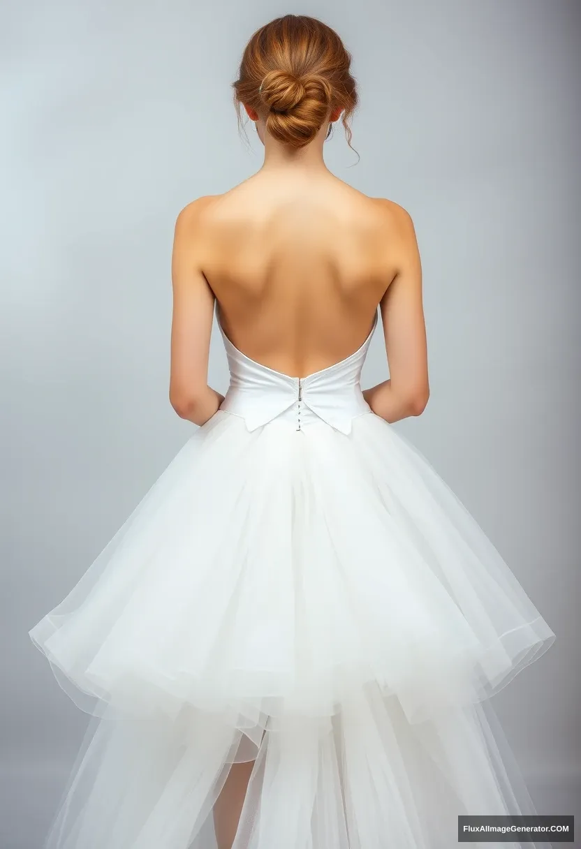 A young woman, sensitive, delicate, ashamed, backless strapless low-waisted airy tutu-inspired wedding dress. - Image