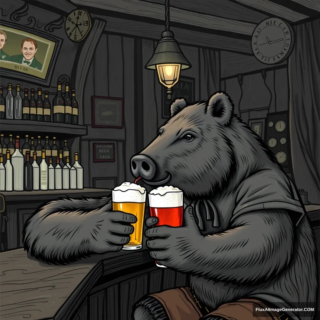 a bear having a beer at a bar with a boar in bermuda