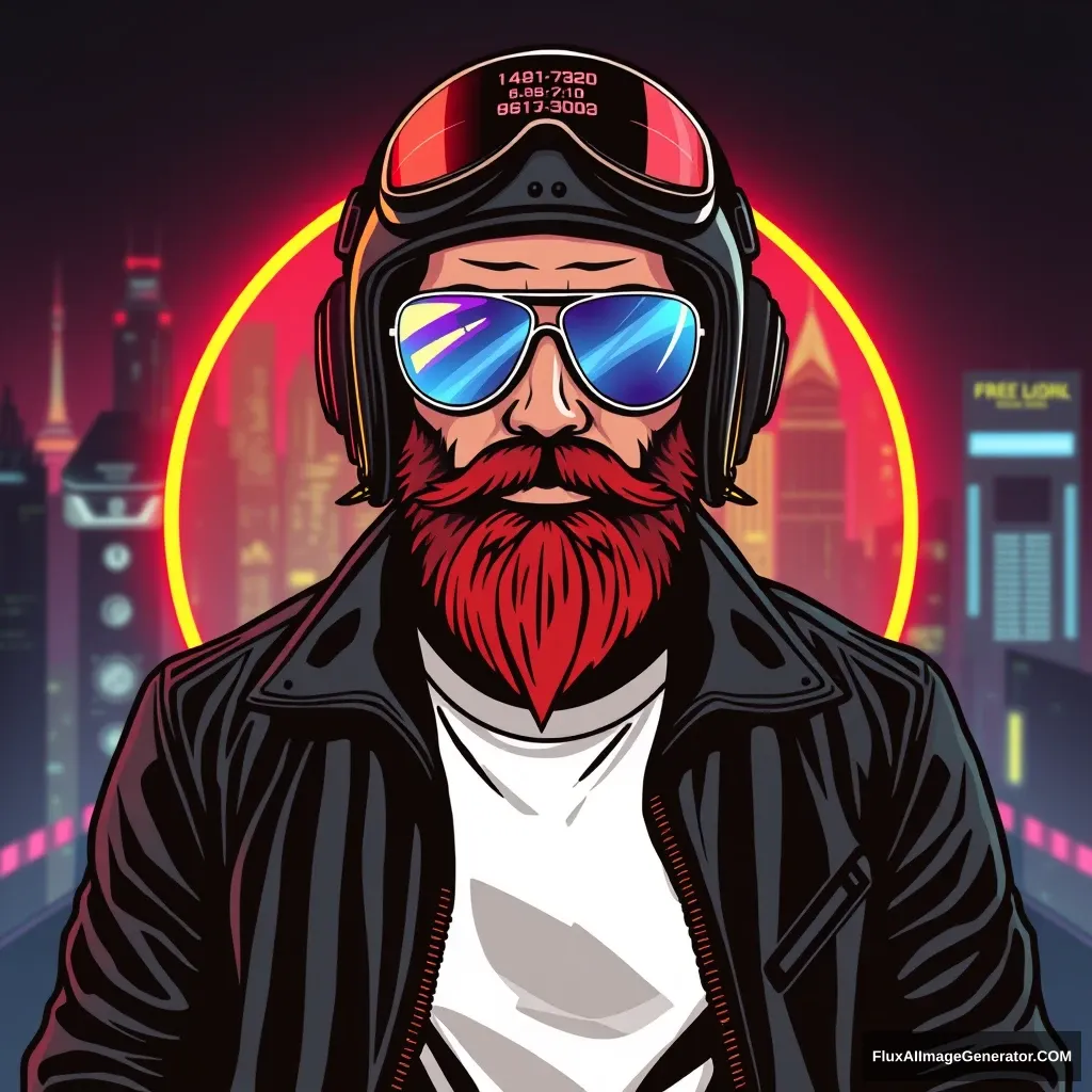 Logo design: rugged man, fiery red beard, reflective aviator sunglasses. Sleek black leather jacket, crisp white t-shirt. Futuristic, iridescent helmet with holographic HUD. Cyberpunk cityscape backdrop. Atmospheric neon glow. Determined expression. Inspired by 80s retro-futurism.