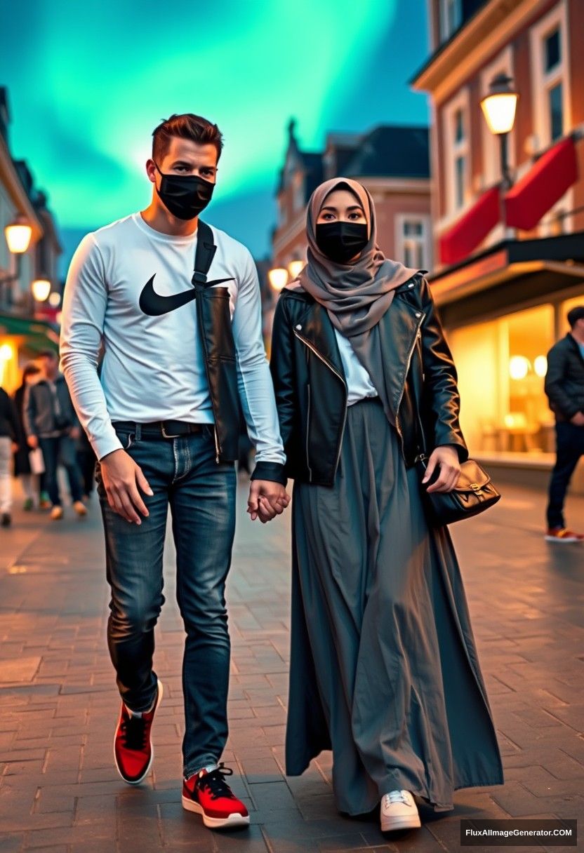 Jamie Dornan, tall and handsome, wearing a black face mask, a long sleeve white Nike t-shirt, jeans, and sneakers, is dating a romantic Muslim girl in a grey hijab with beautiful eyes. She is wearing a black face mask, a leather jacket, and a very long and wide skirt; she is not tall and has red sneakers. They are holding hands and walking together in town, captured in photorealistic street photography, full-length photography, and selfie photos, under night scenery with an aurora.