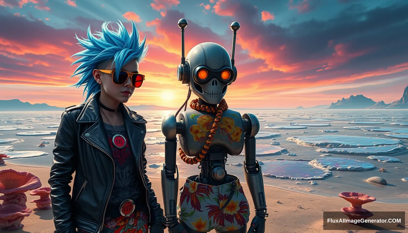 A striking, high-contrast scene showcases a punk girl with electric blue spiky hair and a leather jacket, alongside a retro-futuristic robot in Hawaiian shorts, set against a surreal alien beach with iridescent fungi and shimmering lakes under a vibrant sky. - Image