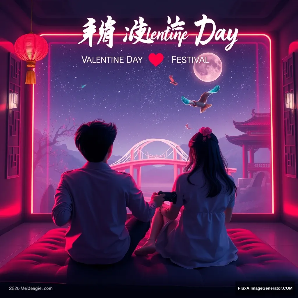 A romantic esports-themed poster for Chinese Valentine's Day (Qixi Festival), featuring a couple sitting side by side in an immersive gaming room with soft neon lights. They are holding gaming controllers, with a starry sky and traditional Chinese elements like the magpie bridge subtly integrated in the background.