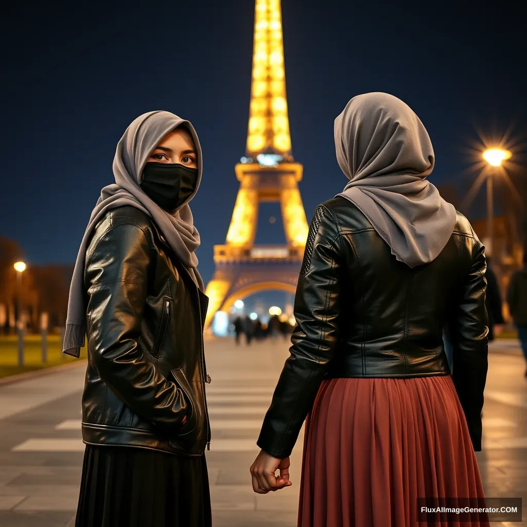 The biggest grey hijab Muslim girl, beautiful eyes, face mask black, leather jacket, the biggest longest skirt, standing near the Eiffel Tower, night scenery, strangers back, hyper-realistic, photorealistic, street photography, holding someone loved one's hand from opposite.