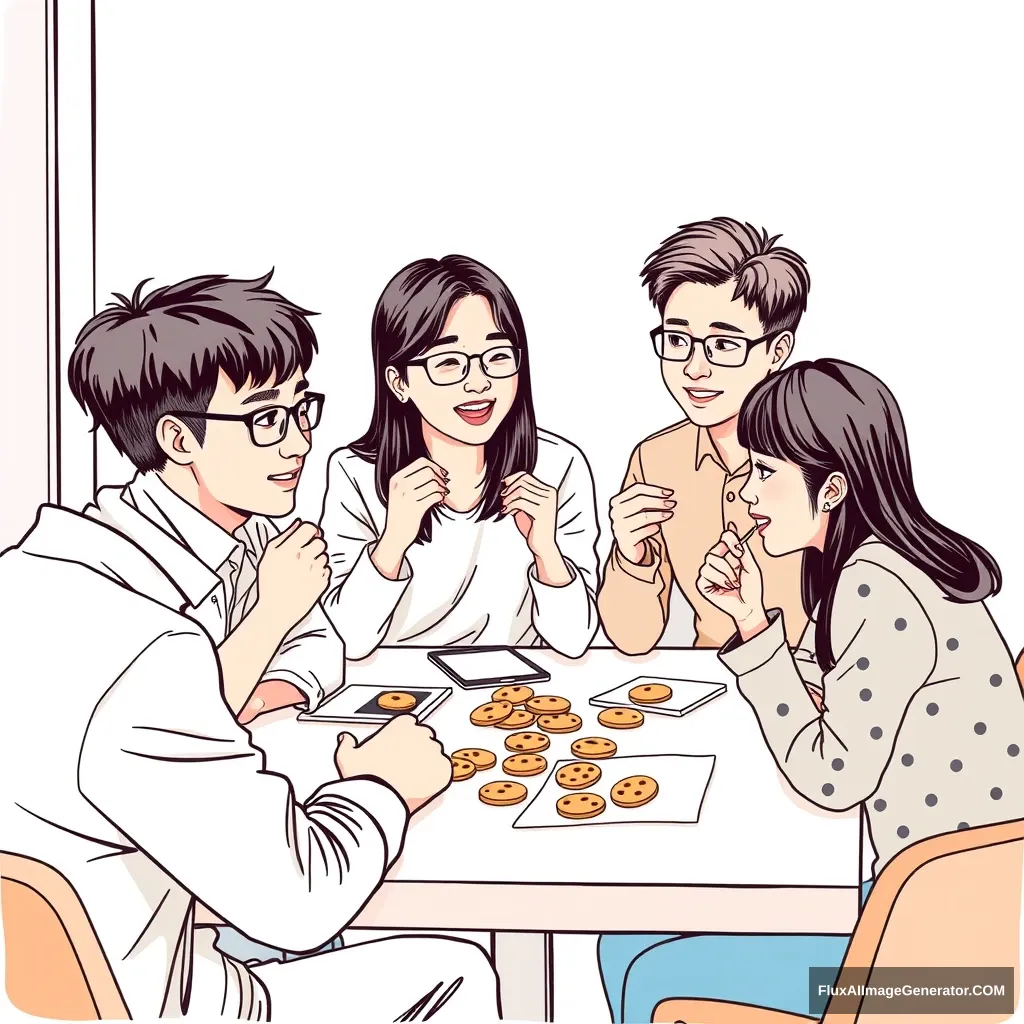 "Draw a picture of the team members of a Korean tech startup having a meeting while eating cookies."