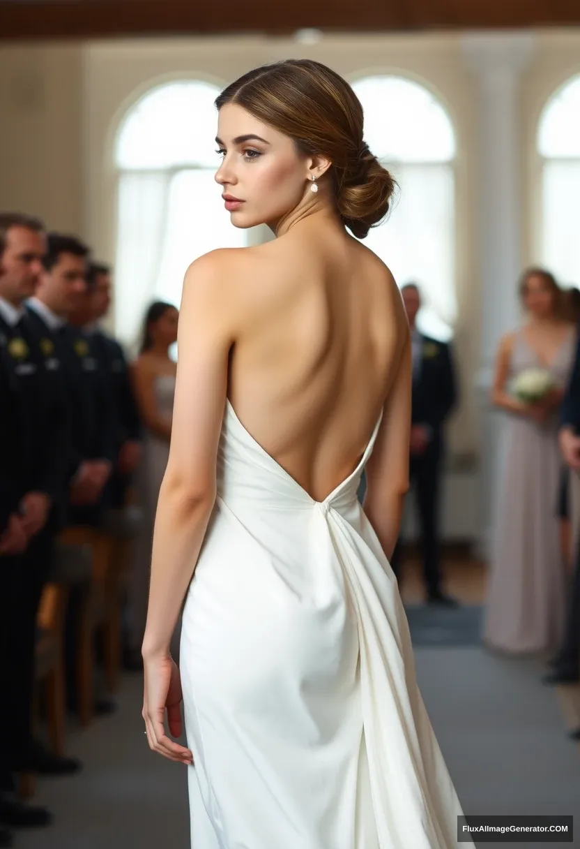 A short young woman, sensitive and delicate, wearing a backless, strapless, side-less, low-waisted contouring wedding dress with a breezy, loose open back that spills open to the sides, seeming intentionally left undone, baring all. In front of the patriarchy council. Expectations. Perfect posture. Pale skin.