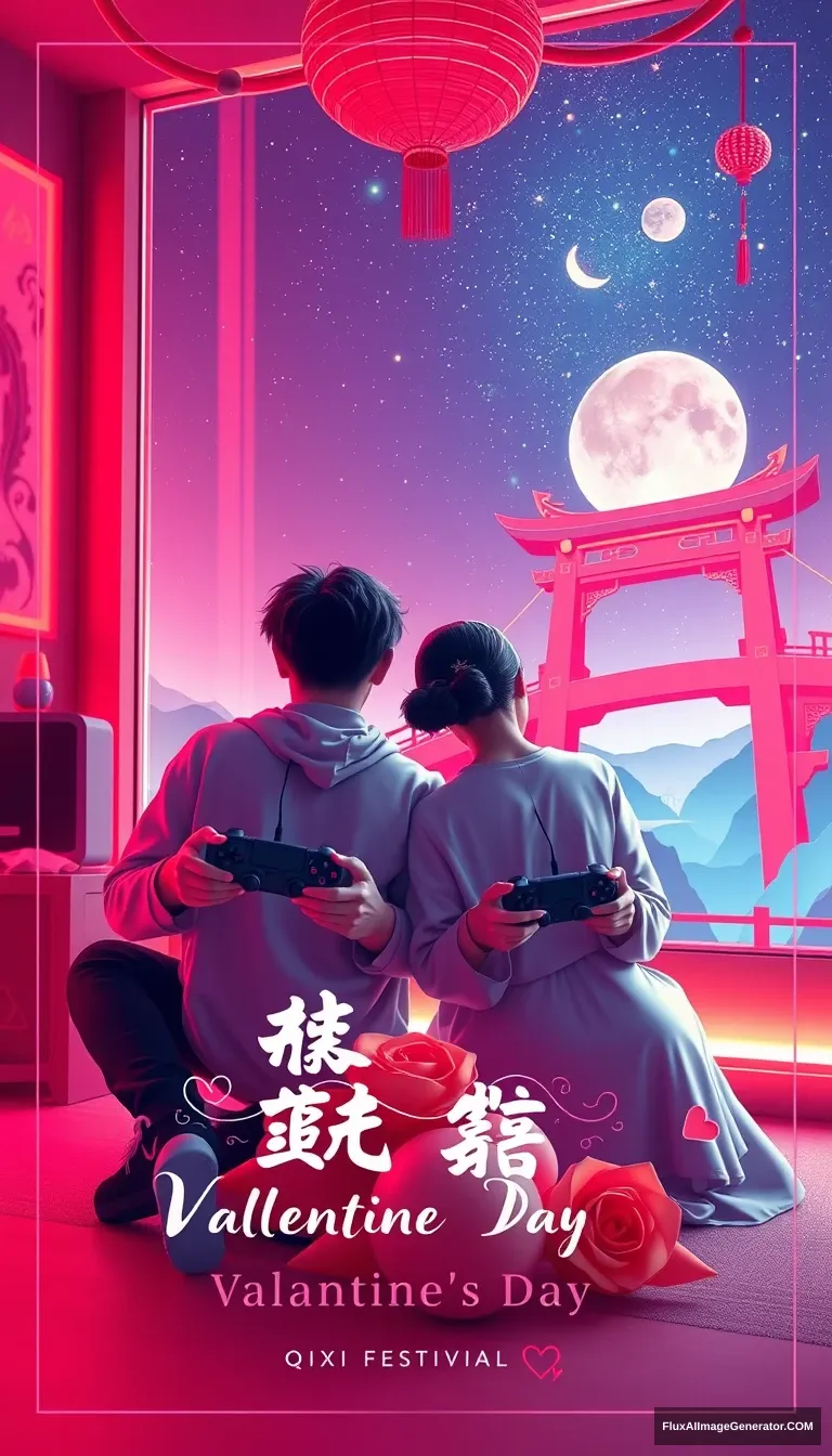 A romantic esports-themed poster for Chinese Valentine's Day (Qixi Festival), featuring a couple sitting side by side in an immersive gaming room with soft neon lights. They are holding gaming controllers, with a starry sky and traditional Chinese elements like the magpie bridge subtly integrated in the background.