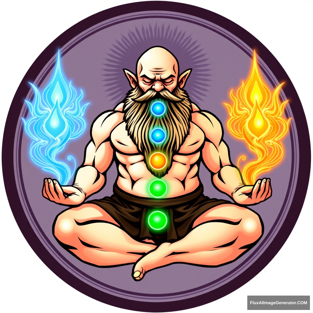 Tahir Yoga Center logo: a muscular large bald dwarf with a beard in the lotus position exchanges energies from chakras to chakras with a woman. - Image