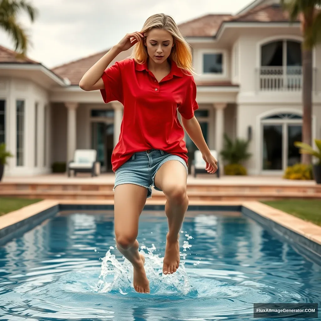 Front view of a young blonde skinny woman who is in her early twenties in her massive backyard wearing a massively oversized red polo t-shirt that is slightly off balance on one shoulder. The bottom part of her t-shirt is tucked in on all sides, and she is also wearing small light blue denim shorts with no shoes or socks. She jumps into her massive luxurious pool, and her legs create a small splash in the water.