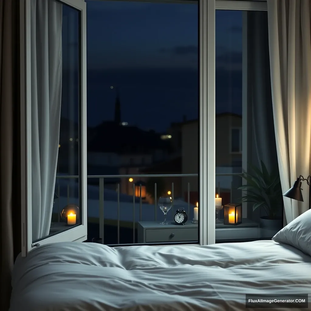 Glass window, modern bedroom apartment in France, a lantern lighting, night scenery, 2:00 AM on a small clock at a small desk behind the bed, hyper-realistic, photorealistic. - Image