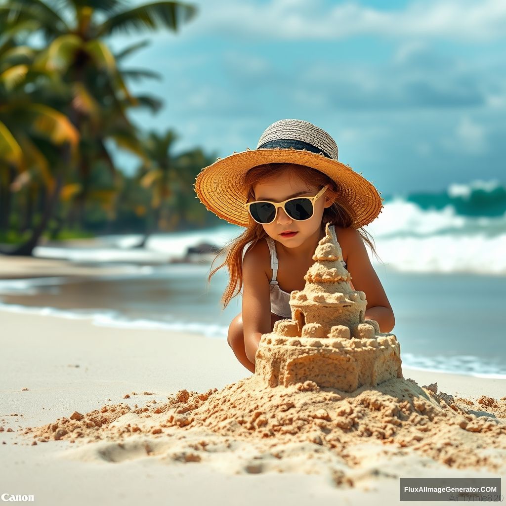 A girl on a beach, with a straw hat and sunglasses, building a sandcastle, the intricate details of the castle reflecting her creative effort, as the tide rolls gently against it, palm trees lining the shore indicating a tropical paradise, composition centered around her focused expression and the majestic ocean waves in the distance, atmosphere filled with playful energy and the scent of saltwater in the air, in a realistic photography style, captured with a Canon EOS R camera, 24-70mm lens, encapsulating a moment of childhood wonder. --ar 16:9 --v 5