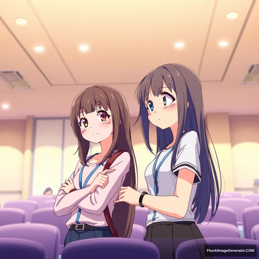 Anime illustration of two girls looking down at their watch and waiting for their coming friends in the conference hall.