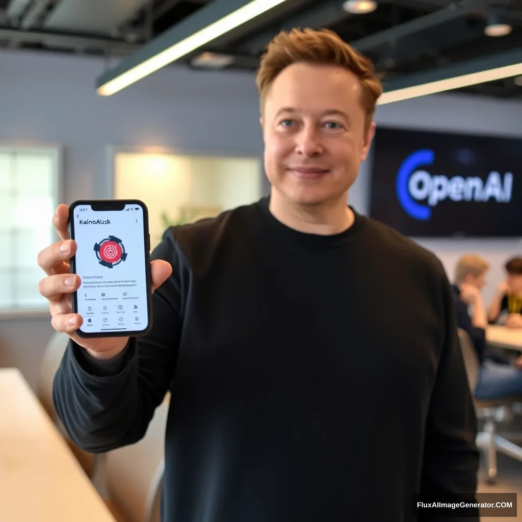 Elon Musk holds a phone and the phone screen shows the KainoAI app, with the background at the OpenAI office. - Image