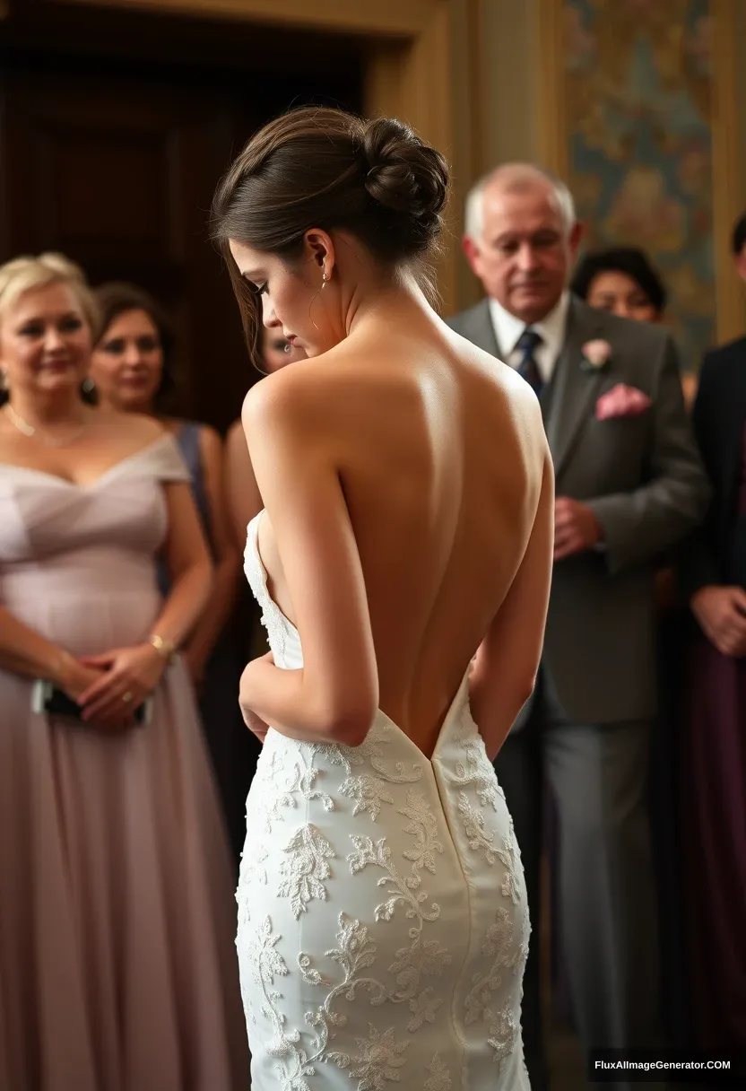 A short young woman, sensitive, delicate, ashamed, wearing an off-shoulder backless strapless side-less low-waisted open-back contouring wedding dress that's starting to come undone, in front of an elder patriarchy, facing expectations and anticipation. - Image