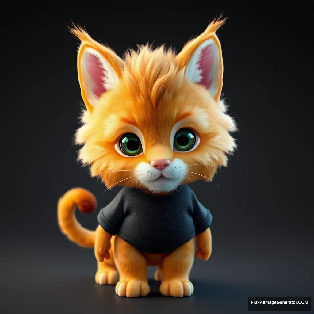 An extremely realistic digital art, 3D, digital art realistic, 3D, Chibi A young orange cat, lion, rabbit, wearing a black T-shirt.