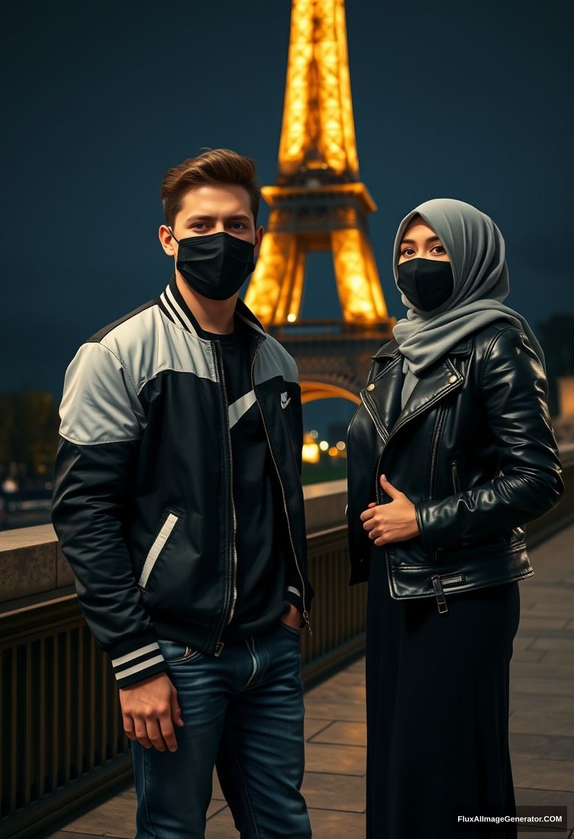 Jamie Dornan, young, black face mask, collage jacket, Nike t-shirt, jeans, tall man, fit body,

Dating, love with the biggest grey hijab Muslim girl, beautiful eyes, black face mask, leather jacket, biggest longest skirt,

standing near the Eiffel Tower, night scenery, hyper-realistic, photorealistic, street photography. - Image