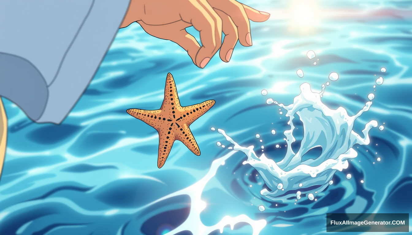 Anime-inspired style, close-up shot: The hand of the boy (10 years old, white t-shirt sleeve visible) holding a starfish, drawn with bold outlines. Slow-motion as he throws it into the sea, with exaggerated motion blur. The camera follows the arc of the throw with dynamic action lines. Splash as the starfish hits the water, creating an anime-style impact effect. Sunlight glints off the water droplets in a sparkly, exaggerated manner.