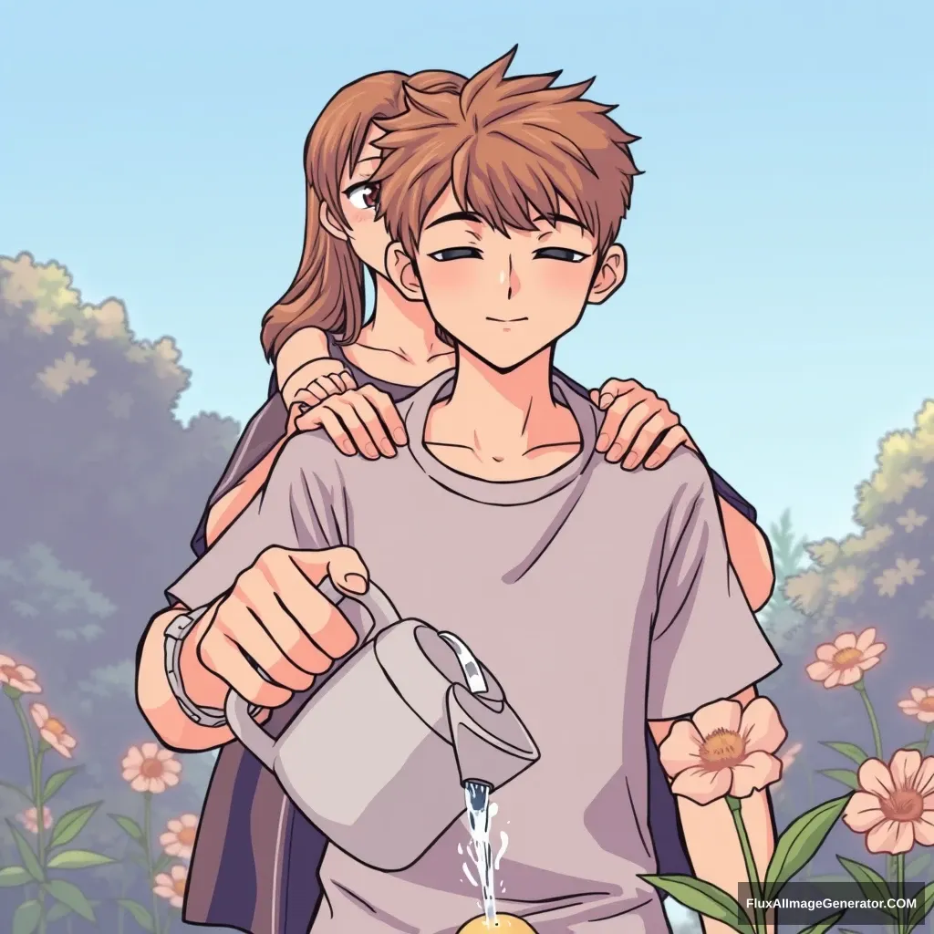 Anime lineart, front view of a handsome tall boy watering the flower, while a young woman standing behind puts both hands on his shoulders; she tilts her head and looks curious. - Image