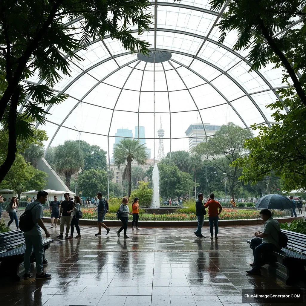 'On a rainy day in a dome-shaped park, people enjoying themselves without worrying about the weather, whether it's too hot or rainy.'