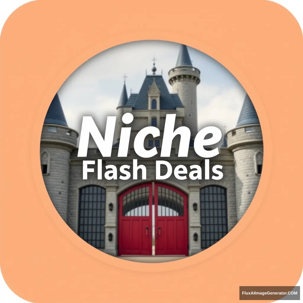 Make an icon. A large castle in the background with the words "Niche: Flash Deals" above the gates.