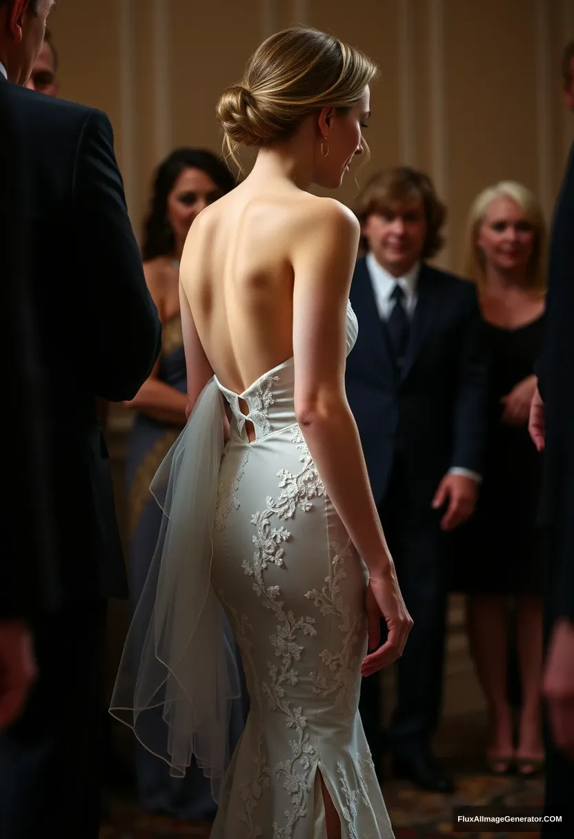 A petite young woman, sensitive, delicate, girly, wearing a backless, strapless, side-less, low-waisted V open cut line contouring wedding dress. The bottom has cuts for her legs. Fawning obediently, mingling with fathers. Expectations. Perfect posture. Pale skin. - Image