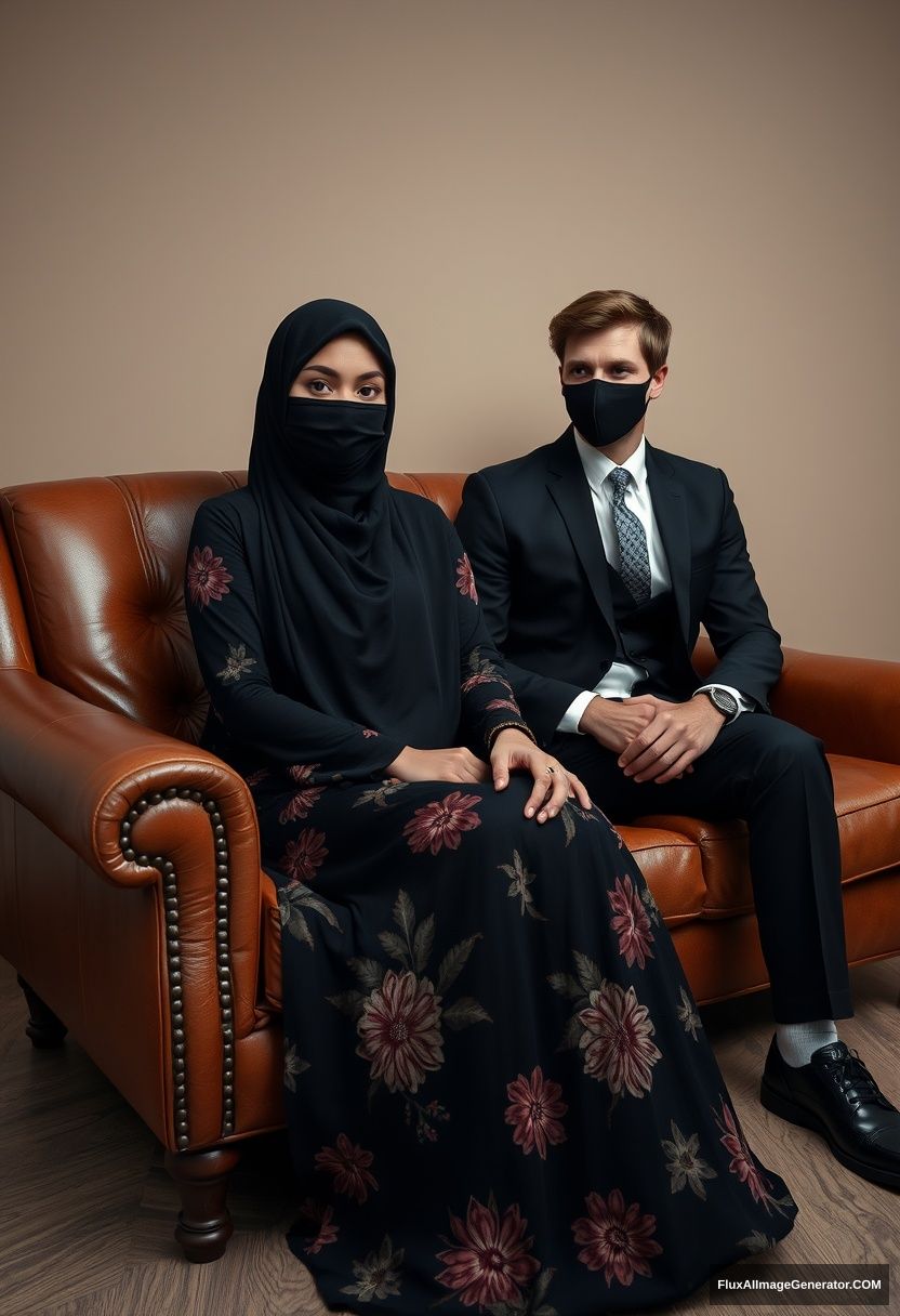 A biggest black hijab girl, slim girl, beautiful eyes, face mask black, biggest floral longest dress, sitting on leather single wing sofa, 

Jamie Dornan, youngest, black suit coat, grey pattern tie, black leather sneaker, tall man, face mask black, fit tough body, sitting near her,

hyper realistic, studio photography.