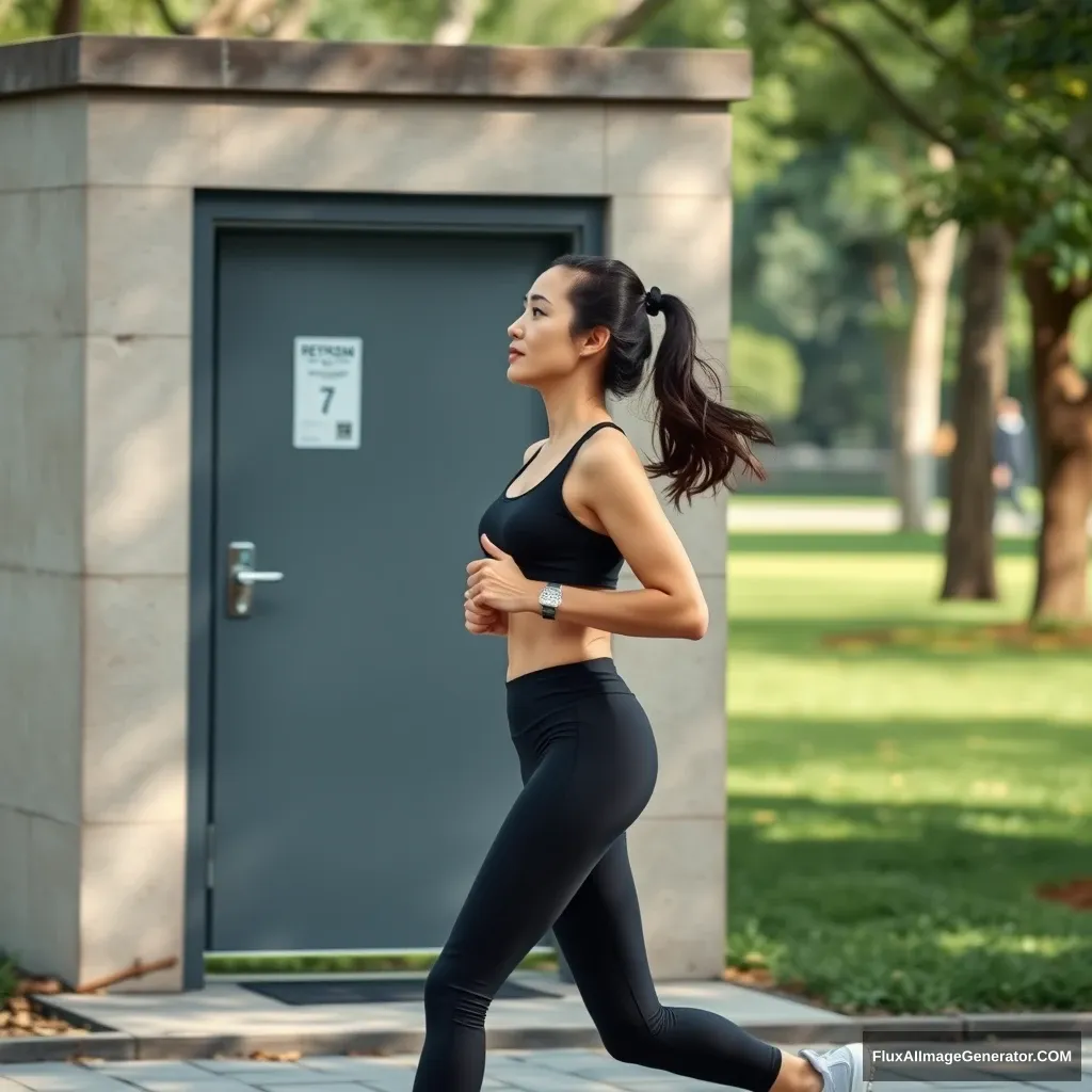 A woman running, Asian, young married woman, wearing yoga workout clothes, passing by a park restroom. - Image